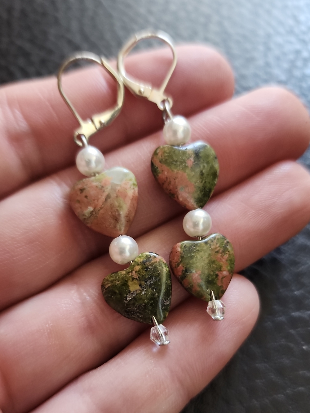 Green & Pink Heart Stone Drop Earrings with Pearl Accent